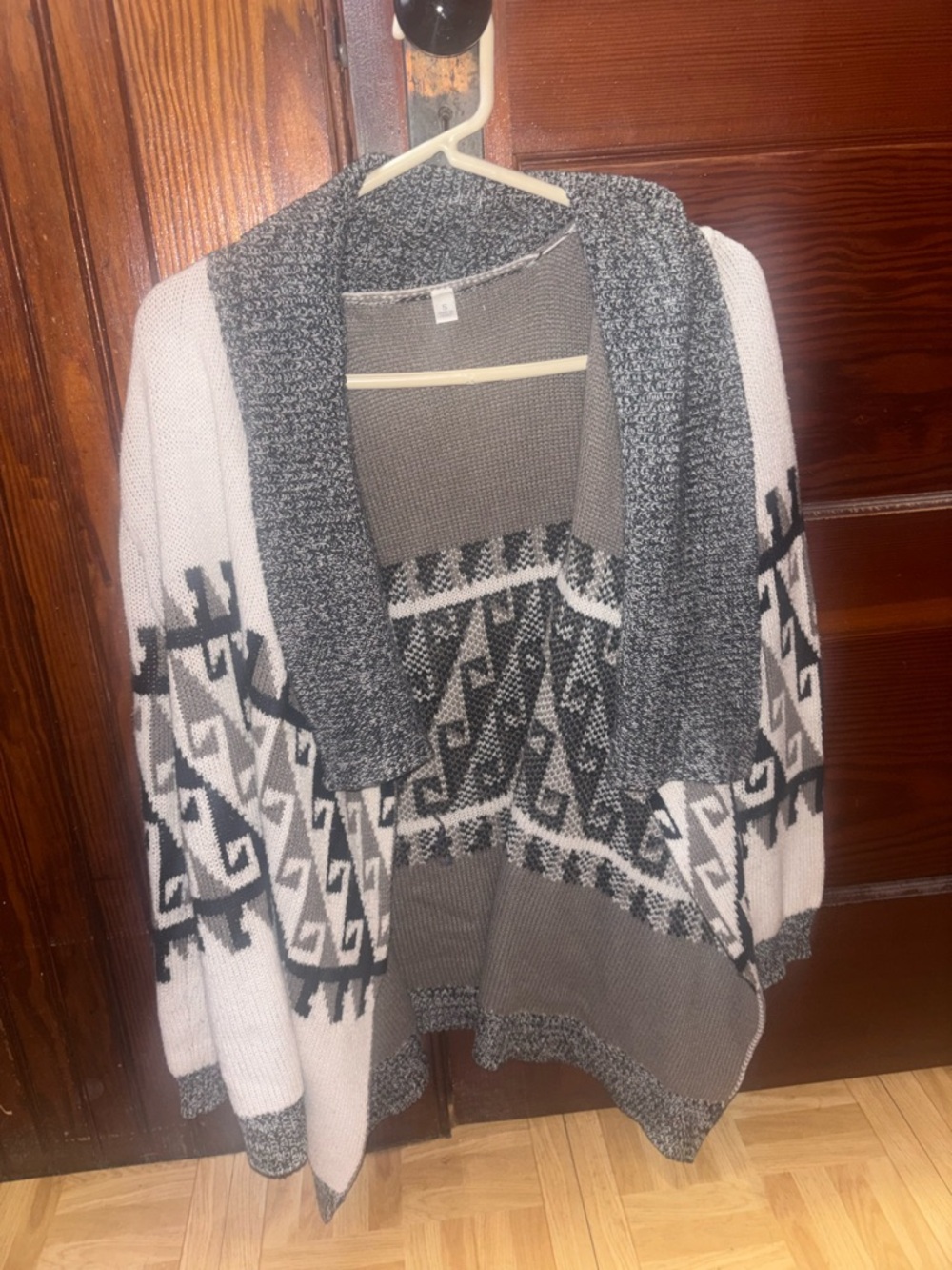 Gray and White Geometric Open-Front Women's Cardigan Sweater